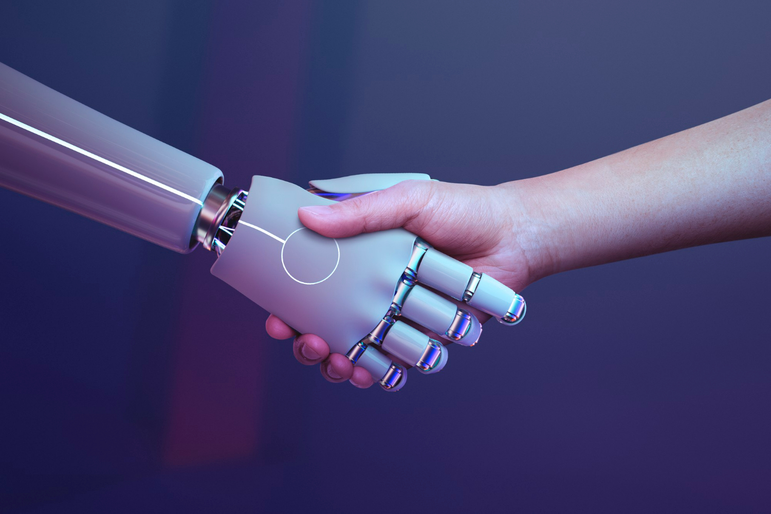 an AI robot is shaking hand with human 
